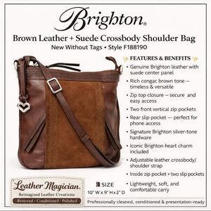 Brighton Brown Leather & Suede Crossbody bag heart charm F188190 NWOT 10x9